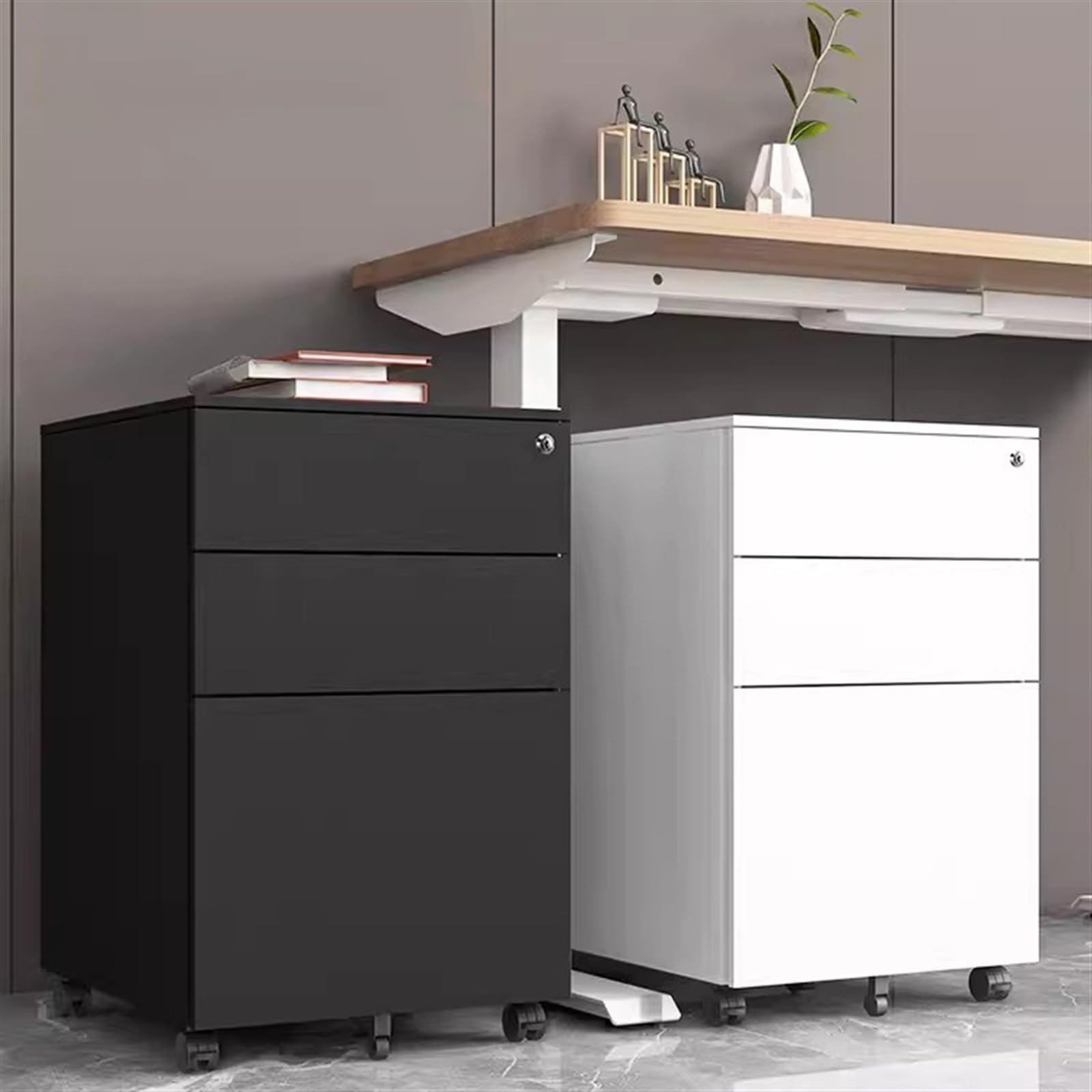 Schedario da ufficio Cassettiera mobile sotto la scrivania, cassettiera in metallo con estrazione laterale a tre cassetti serratura, in ferro bianco/nero for l'home office Documenti