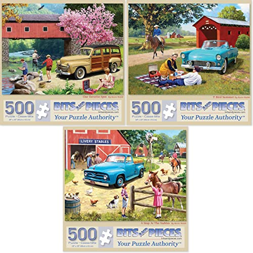 Bits and Pieces - Value Set of Three (3) 500 Piece Jigsaw Puzzles for Adults - Puzzles Measure 18"x24" - 500 pc Our Favorite Spot, T Bird Summer, A Stop at The Stables Jigsaws by Artist Kevin Walsh