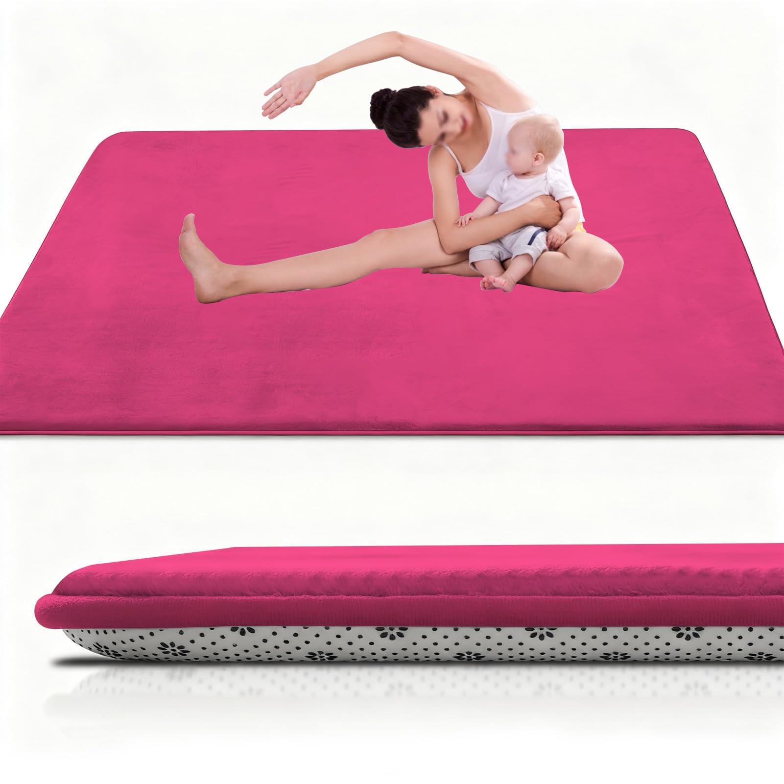 Baby Spielmatte 150 x 150 cm Rosenrot, 3cm dick großer Rutschfester Kinderteppich, Korallensamtteppich, Krabbelmatte Baby Groß, krabbelmatte Baby faltbar Krabbelmatte für Bauchlage