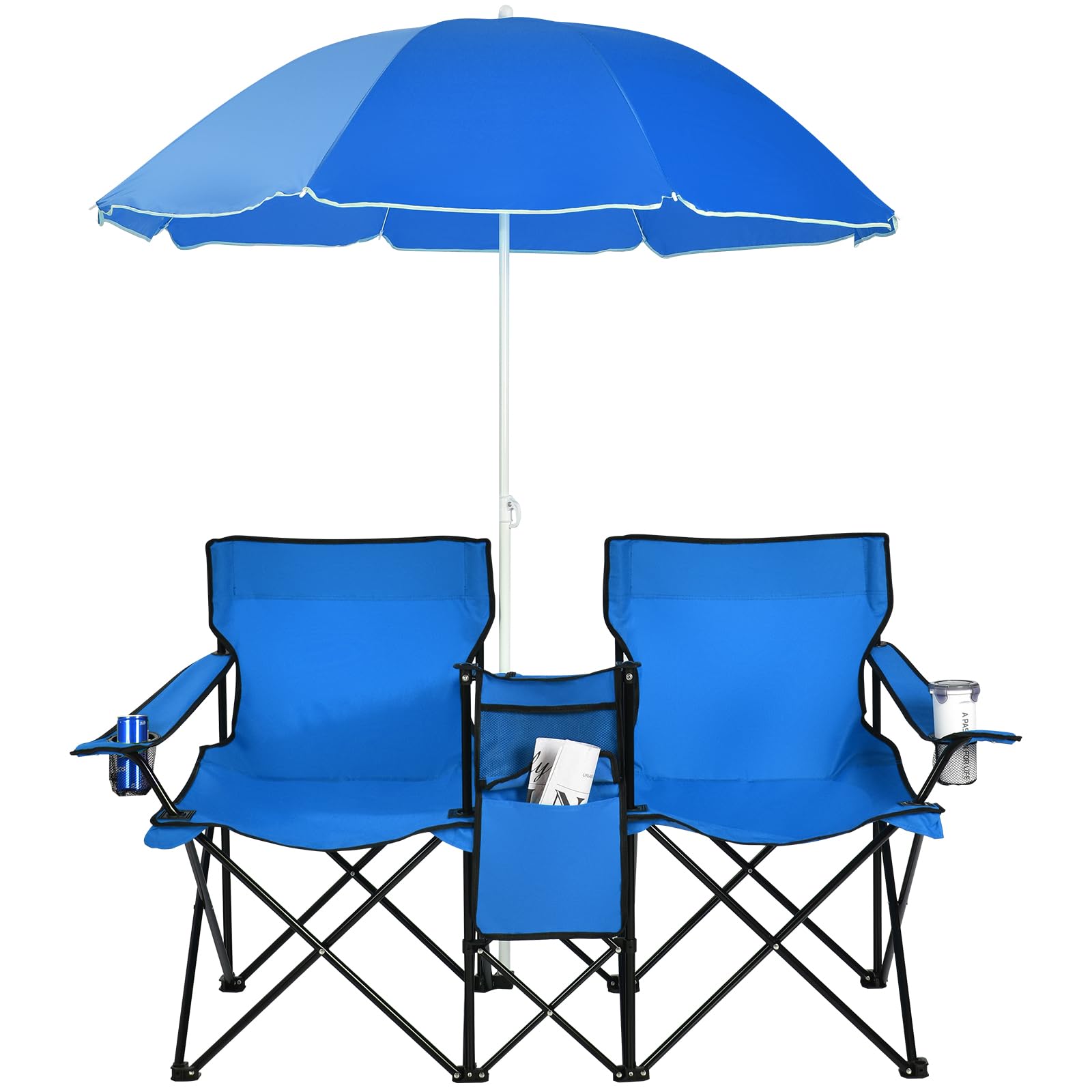 GOPLUS Silla de camping plegable de 2 plazas con sombrilla, sillón de camping al aire libre AVCE bolsillo, portavasos y bolsa de transporte, ideal para playa, pesca, barbacoa, picnic (turquesa)