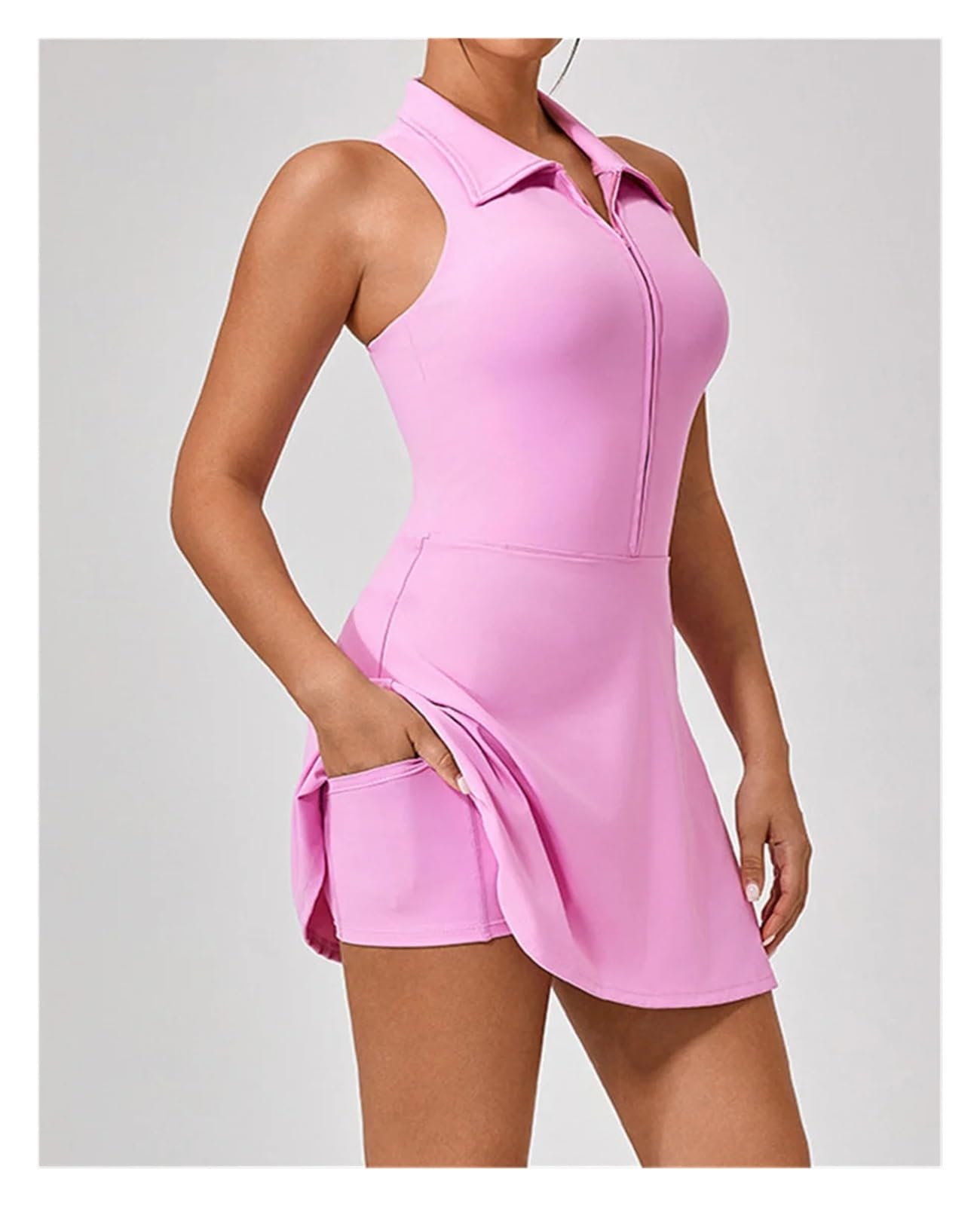 Vestido Padel Mujer Vestido De Tenis For Mujer, Cuello Vuelto, Cremallera Frontal, 2 En 1, Ajustado For Deportes Golf, Entrenamiento Físico, Correr, Falda Pantalón con Bolsillo(Pink,L)
