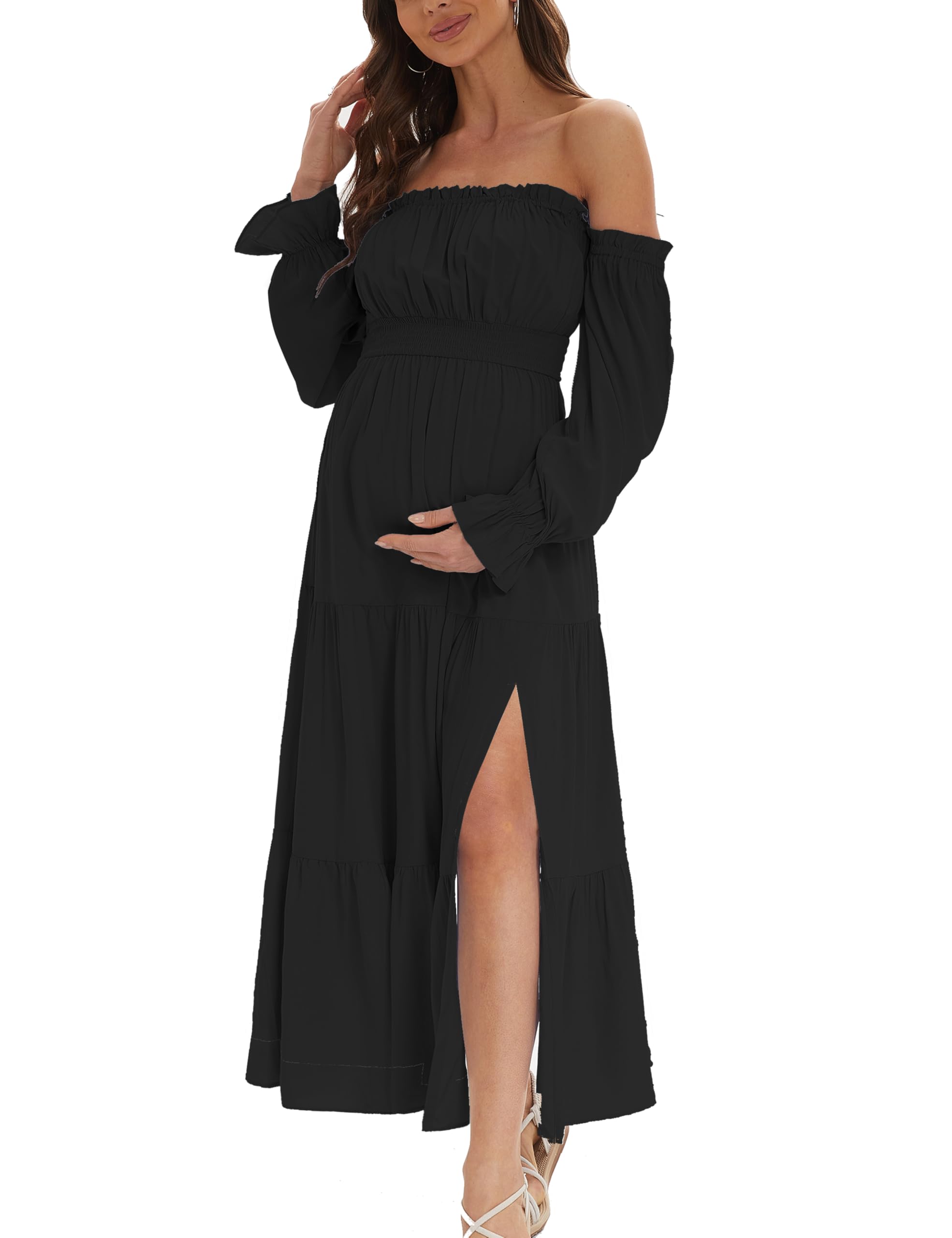 Robe de maternité bohème à épaules dénudées, manches longues, fente latérale, coupe trapèze, pour fête prénatale, séance photo