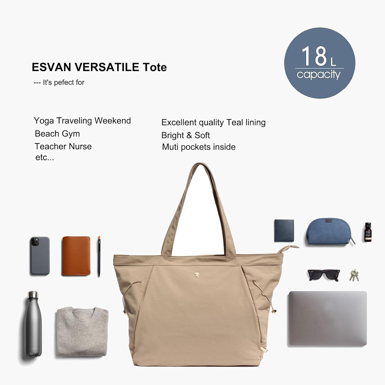 ESVAN Yoga Tote Bag for Women Shoulder Bags Drawstring for Office Workout Travel Carryall Pilates Gym and Beach - Image 6