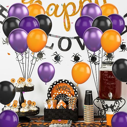 Image of FunHot Halloween Party Balloons, 60Pcs Black Purple Orange Balloons, 12 Inch Metallic Purple Black Latex Balloons Purple Orange Party Balloons Helium for Kids Halloween Birthday Decorations Indoor