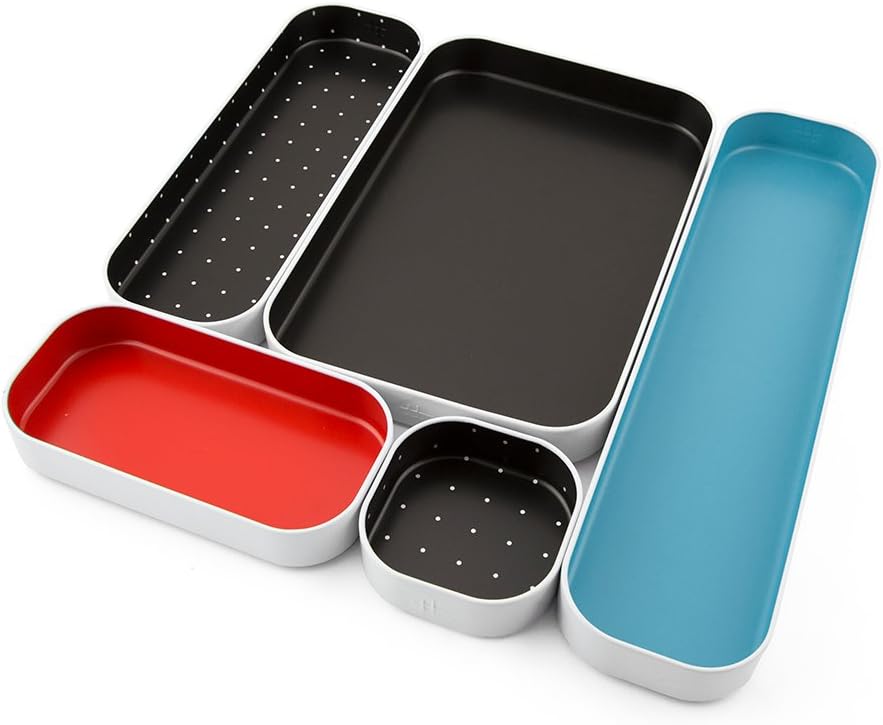 5 Piece Metal Organizer Tray Set for Storing Makeup, Stationery, Utensils, and More in Office Desk, Kitchen and Bathroom Drawers (1 Inch, Blue Black Red and Dots)
