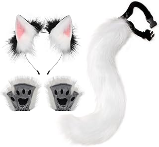 Sponsored Ad - HAOAN Faux Fur Wolf Ears Headband Fox Tail and Paw Gloves Set Cosplay Halloween Costume Accessories