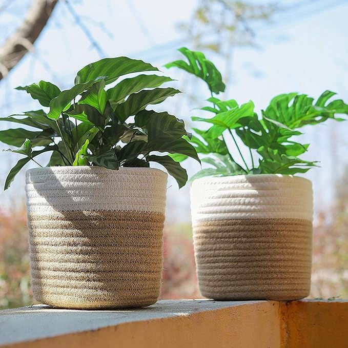 FIBRE TOUCH Jute & Cotton Planter Basket/Pot Bag, Plant Sack for Home Decor (Set of 2, Beige-White, 8 inch) - Basket for Storage, Kitchen, Clothes, Laundry, Living Room, Picnic, Hamper Bin