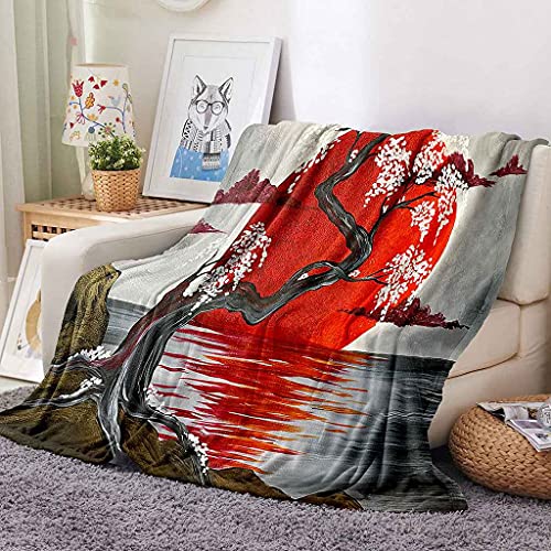 Couverture chaude douce microfibre avec motif arbre et lune rouge