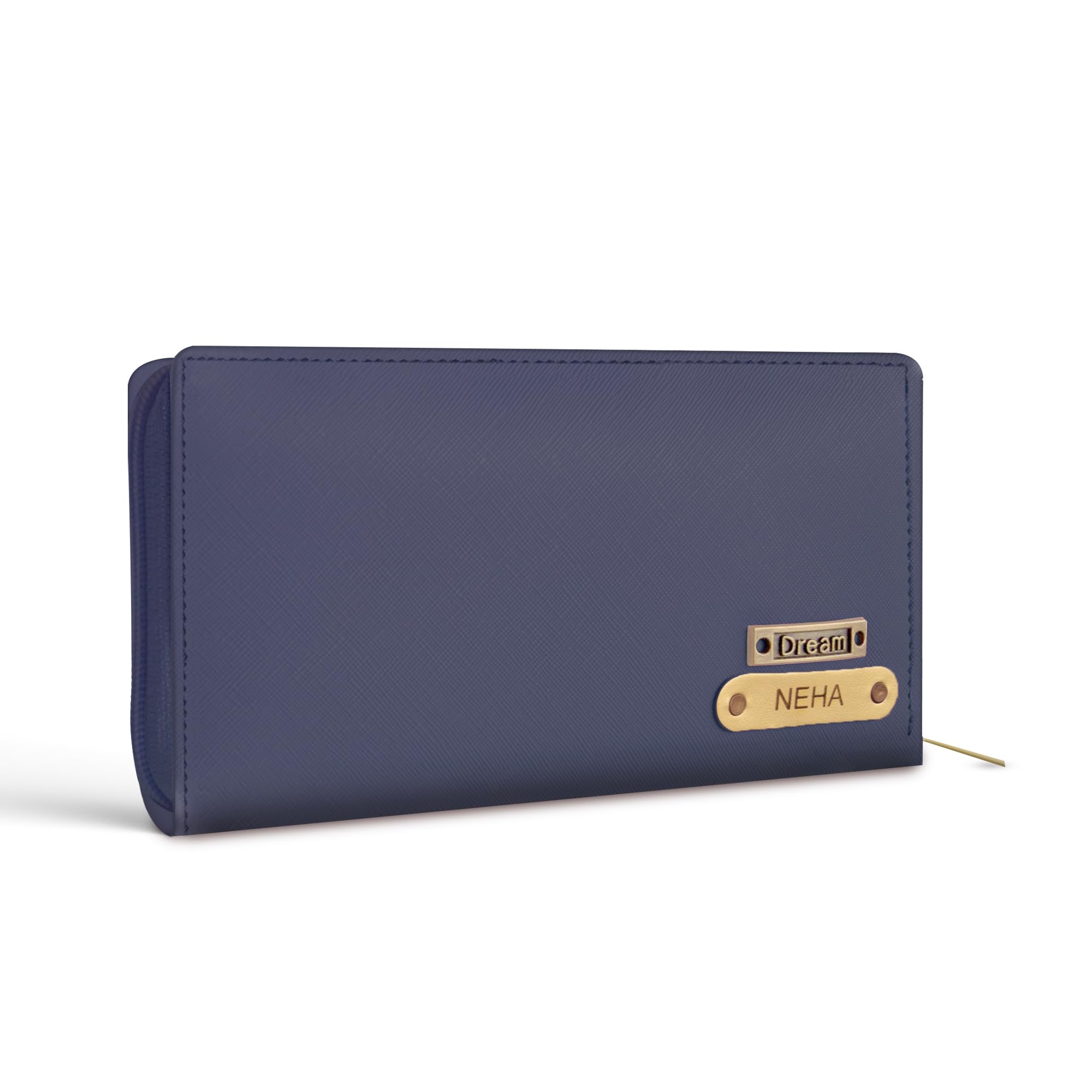 Personalised Long Ladies Wallet Customised with Name and Charm- Stylish Vegan Leather with Secure Zipper Lock (Dark Blue)-image-33