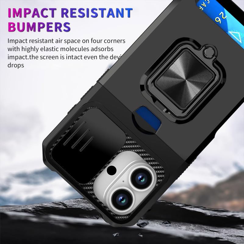 Image of LuxuryKase Shockproof Armor Case for iPhone 17 | Slide Camera Cover | Hidden Card Slot | Rotating Ring Kickstand | Magnetic Car Mount Support | Military Grade Protection - Black