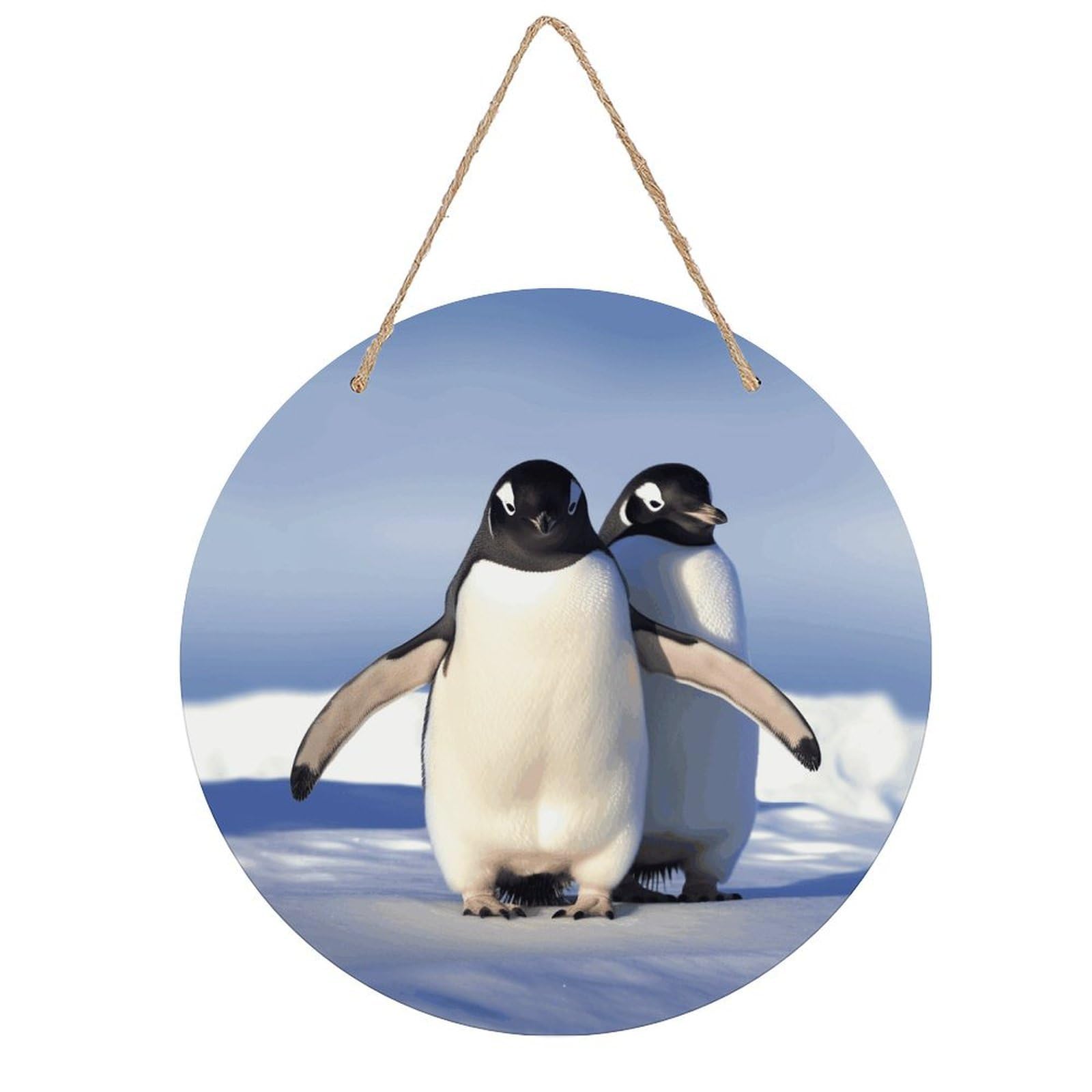 FekiLoot Cute Penguin Wall Art Decor Round Wood Hanging Sign Decoration Wooden Circle Door Sign Round Hanging Decorative Wood Plaque Door Hanger for Home Outdoor Indoor Decoration