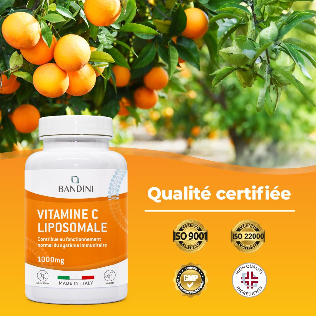 Bandini® Vitamine C Liposomale 1000mg, 180 Gélules Vegan (3 mois), Acide Ascorbique à Haut Dosage, Haute Absorption et Biodisponibilité, Antioxydant, Système Immunitaire, Vit C pour Réduire la Fatigue
