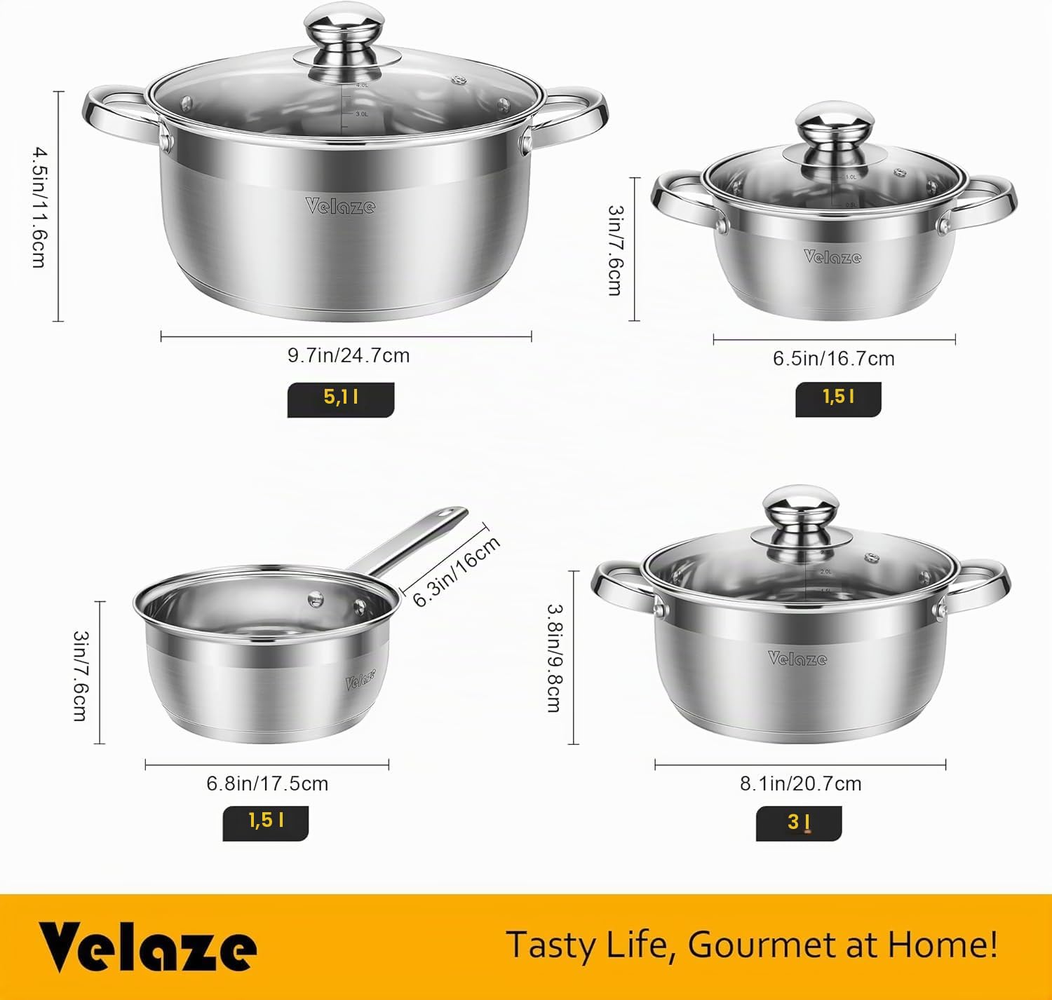 Velaze Töpfe Set, 7-teilig Kochtopf Set aus Edelstahl, Topf Induktion mit Glasdeckeln, PFOA frei, Klassisches Design, Topfset für alle Herdarten, Töpfe mit 3 Kochtöpfe und 1 Stielkasserolle