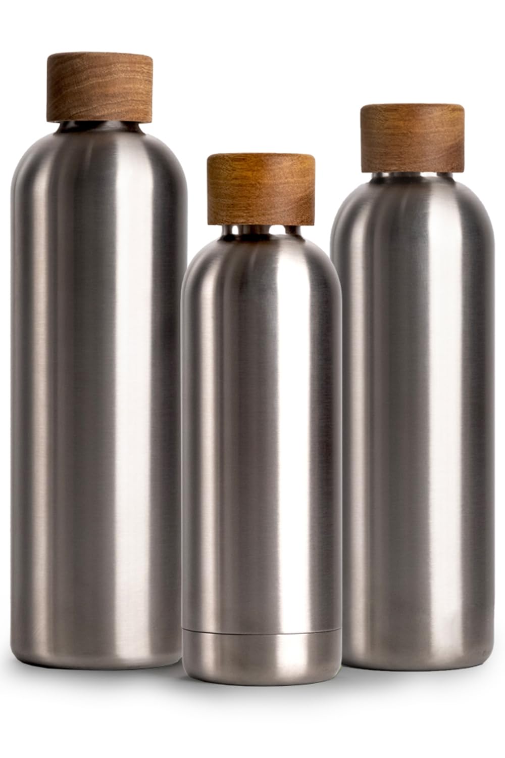 T&N Edelstahl Trinkflasche 1 Liter, Thermosflasche 1l mit Akazienholz Deckel, Isolierte Wasserflasche auslaufsicher bei Kohlensäure, Isolierflasche 1000ml - Silber