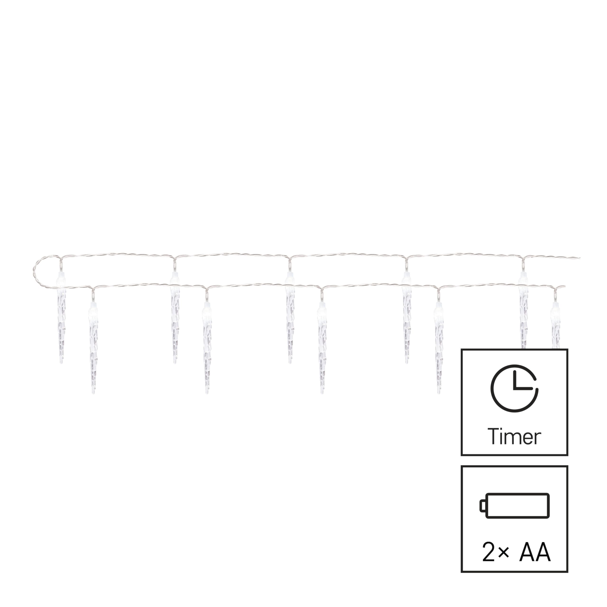 EMOS DCGC01 Łańcuch świetlny LED, zimna biel, 1,35 m, girlanda świetlna z 10 soplami lodu, funkcja timera 6/18 h, zasilanie bat (2 x AA), czas świecenia 10 000 h, IP20 do użytku wewnątrz pomieszczeń