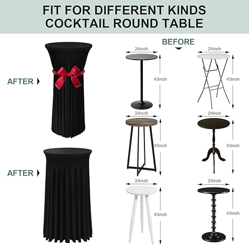 Miniatura 3 de Fundas para mesa de cóctel, paquete de 2 manteles de 24 x 43 pulgadas, color negro, con falda redonda ondulada natural para bar, boda, fiesta,