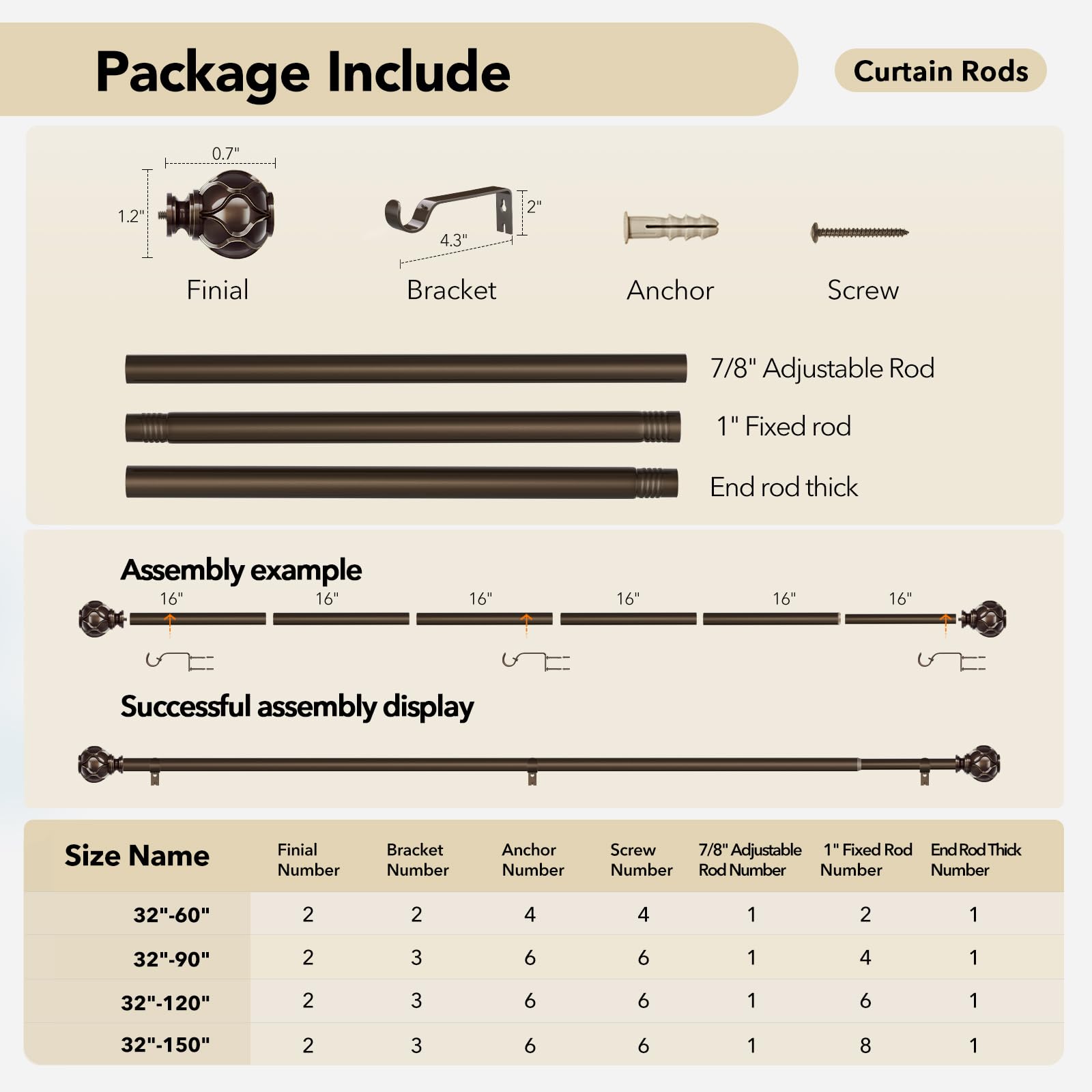 Long Bronze Curtain Rods - 2 Pack, 66-120 Inch -6 Long Bronze Curtain Rods - 2 Pack, 66-120 Inch -6