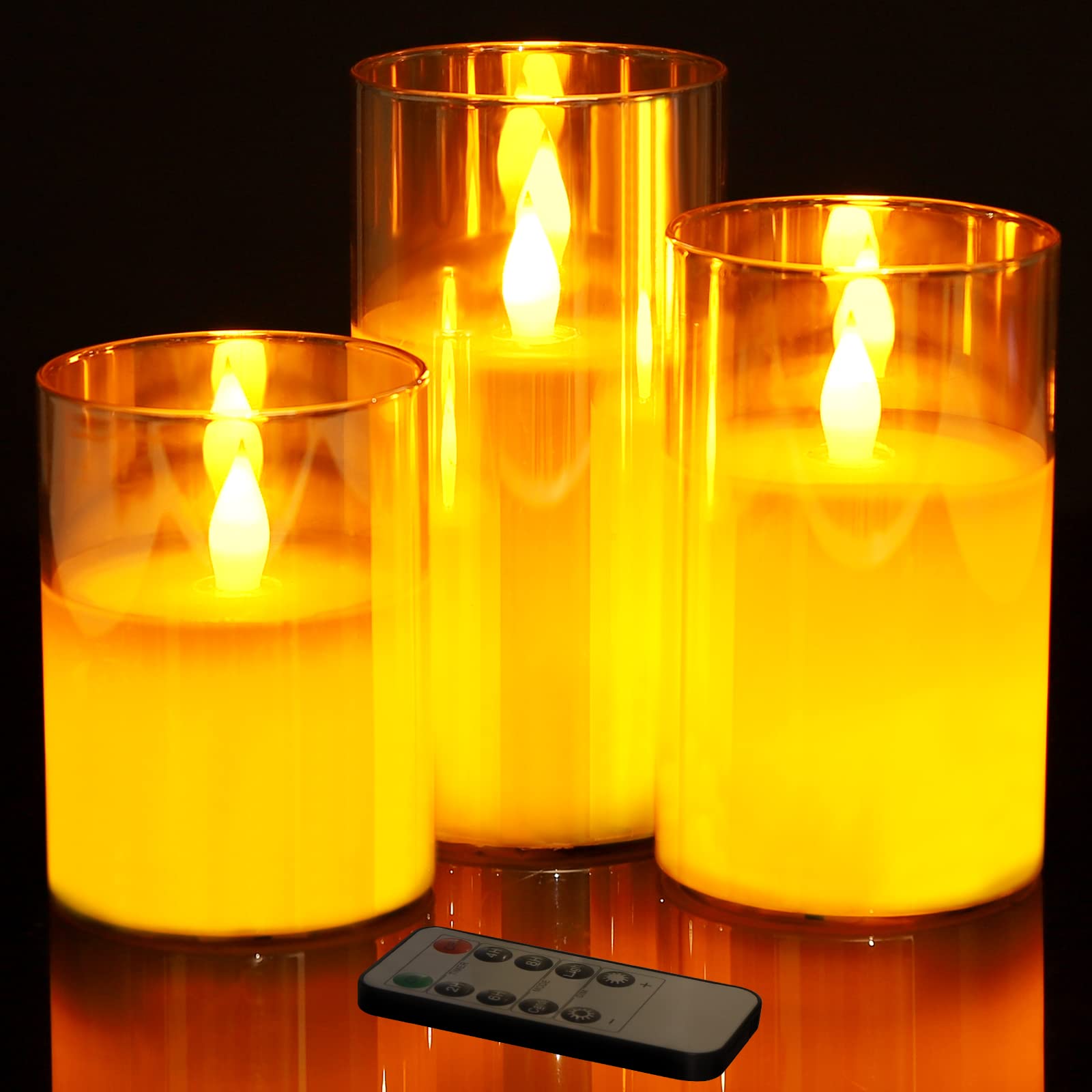 Flameless Flickering LED Candles 4" 5" 6" Set of 3 Battery Operated Glass Pillar Candles with Remote Control and Timer, Amber