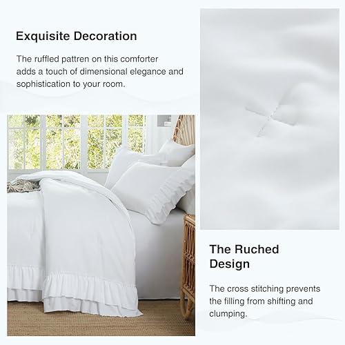 Miniatura 4 de Holawakaka Juego de edredón con volantes blancos tamaño Queen, juego de ropa de cama ligero con volantes de granja, vintage, ultra suave, esponjoso,