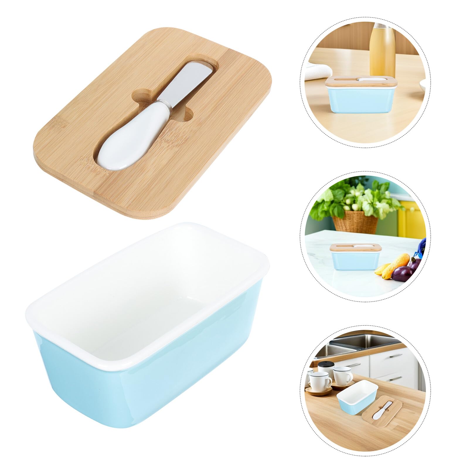 Veemoon Beurrier Rectangulaire en Céramique 600 Ml avec Couvercle Hermétique en Bois et Couteau Intégré Beurrier Décoratif pour Réfrigérateur Cuisine Conservation Optimale du Beurre et