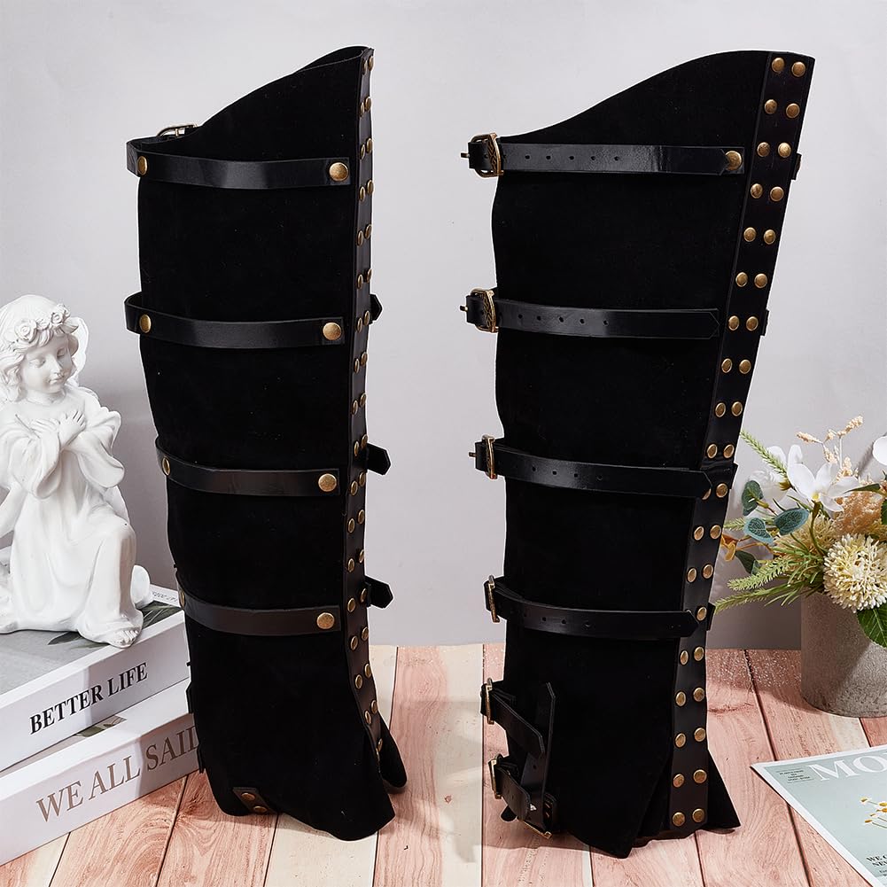 GORGECRAFT 2Pcs Knight Leg Guards Gaiters Steampunk Medieval Boot Covers Imitation Leather Pirate Boot Tops with Buckle Straps Leg Warmer Wraps Shoes Accessories for Halloween Cosplay Costume Black - Image 4