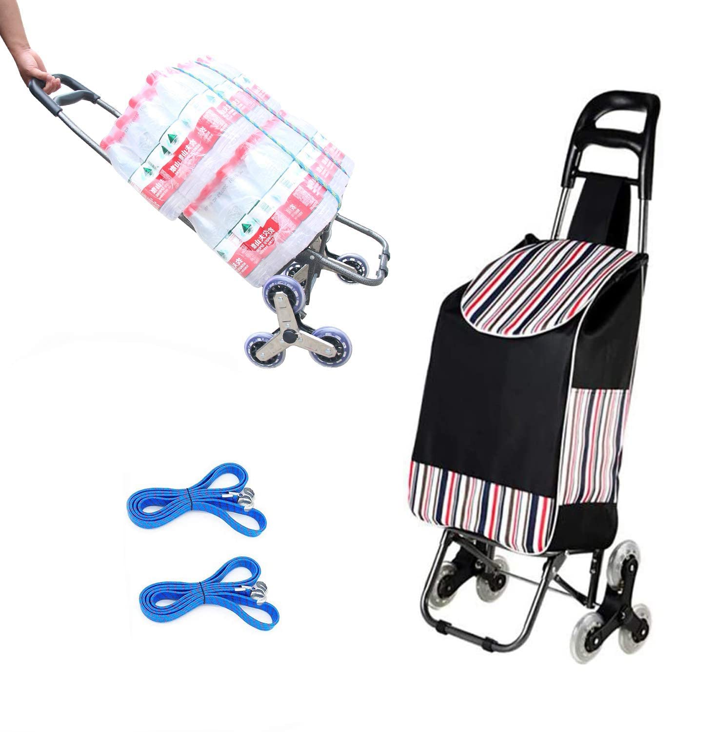 COOLBABY Foldable Shopping Cart, Heavy Duty Grocery Cart with Rubber Tri Wheel for Easy to Climb Stairs, Large Capacity Waterproof Bag Trolley Black, YLY2043-BLK