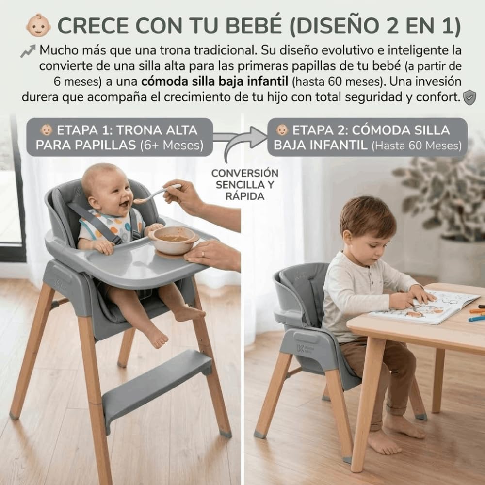DEVESSPORT Trona 2 en 1 Plegable y Evolutiva (6 a 60 Meses) - Silla Alta Convertible con Montaje Sin Herramientas, Bandeja Extraíble, Cojín Lavable y Estructura de Acero Lacado - Gris