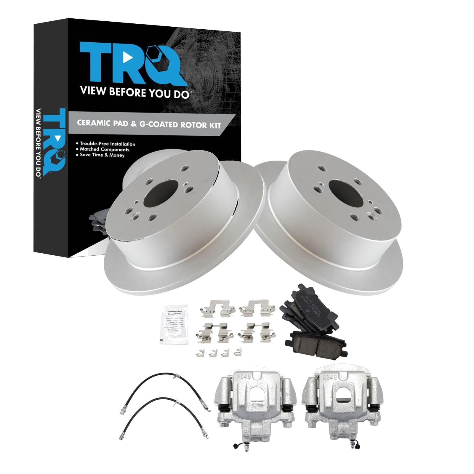 TRQ Rear Brake Pad and Rotor Set Ceramic G Coated Rotors Calipers Compatible with 2004-2007 Toyota Highlander