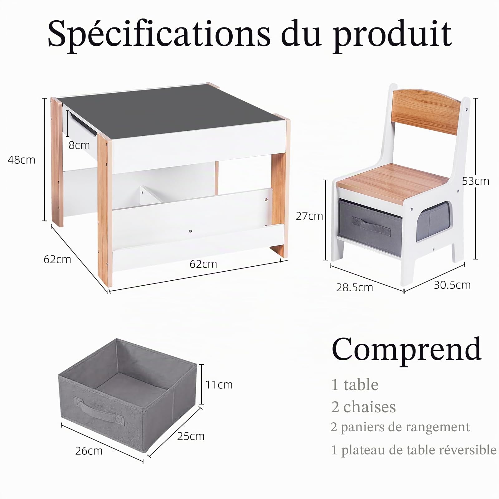 Asweets Ensemble Table et Chaises pour Enfants, Bureau 4 en 1 avec Tiroir De Rangement, Table d'Activités en Bois pour Plateau Amovible 2 en 1, avec Bibliothèque