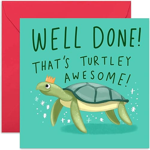 Old English Co. - Tarjeta de felicitación impresionante con texto en inglés «Well Done Turtley», bonita y divertida tarjeta de felicitación para él