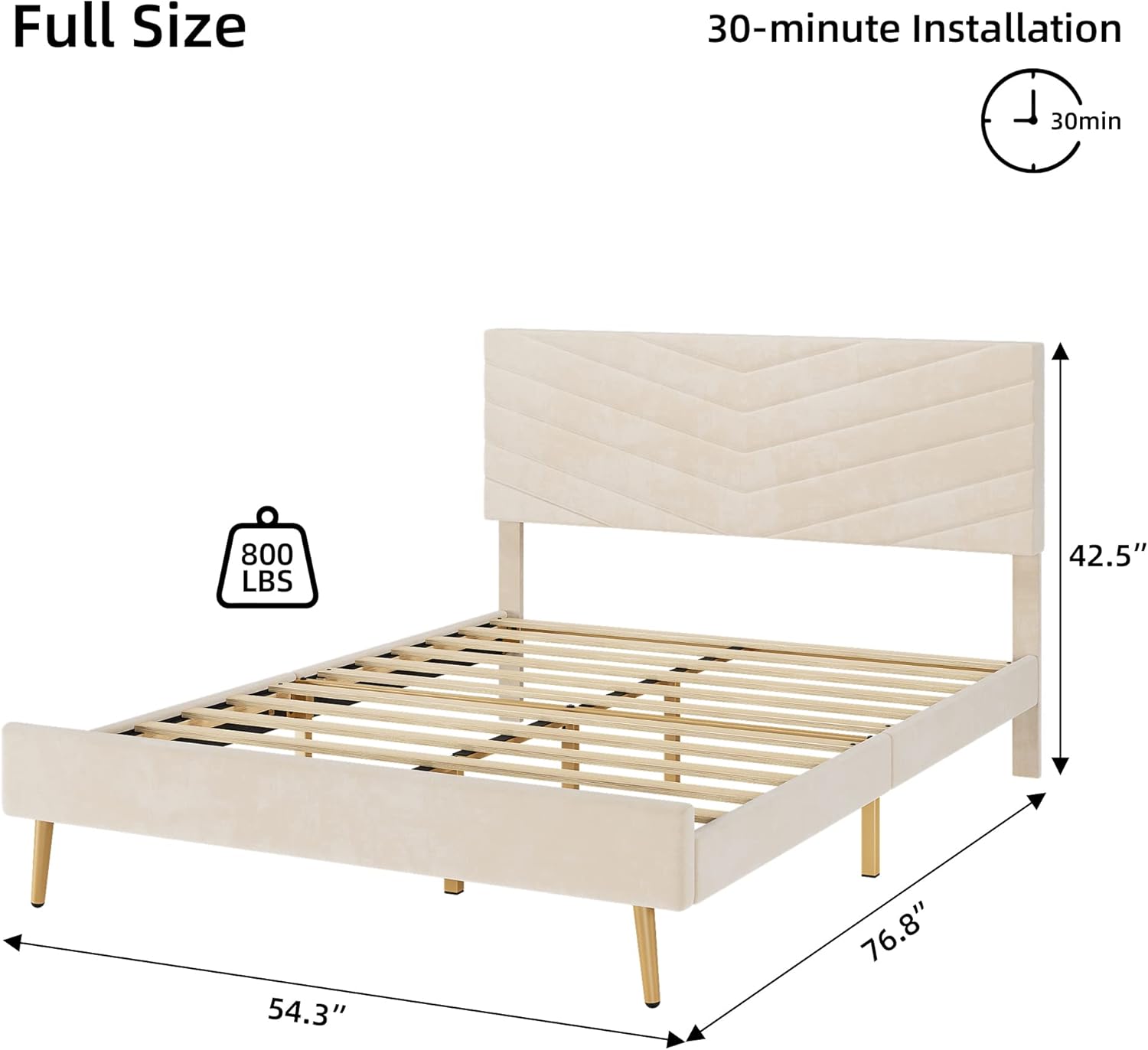 Upholstered Bed Frame Full Size, Velvet Bed Frame Full with Adjustable Headboard, Platform Bed Frame and Headboard, Noise-Free, No Box Spring Needed, Beige
