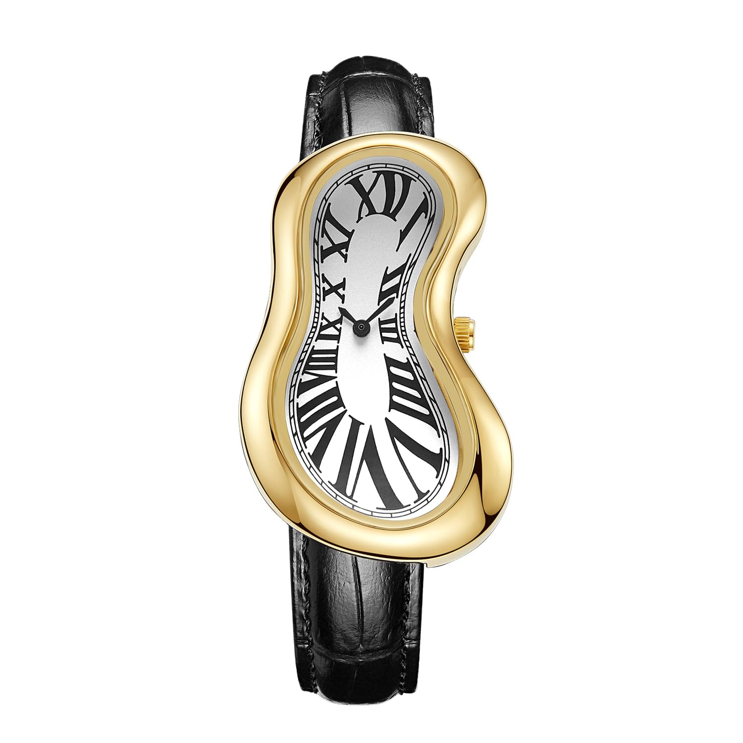 PINTIME Melting Art - Reloj de pulsera de acero inoxidable, reloj surrealista para hombre con números romanos, diseño único de esfera distorsionada, reloj de vestir casual de negocios