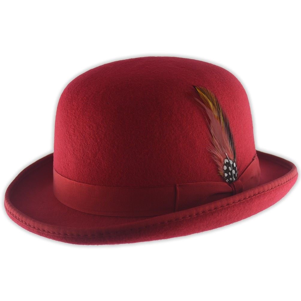Maz Unisex Wine Red Hard Top Wool Bowler Hat With Feather Satin Lined Sizes S To Xl