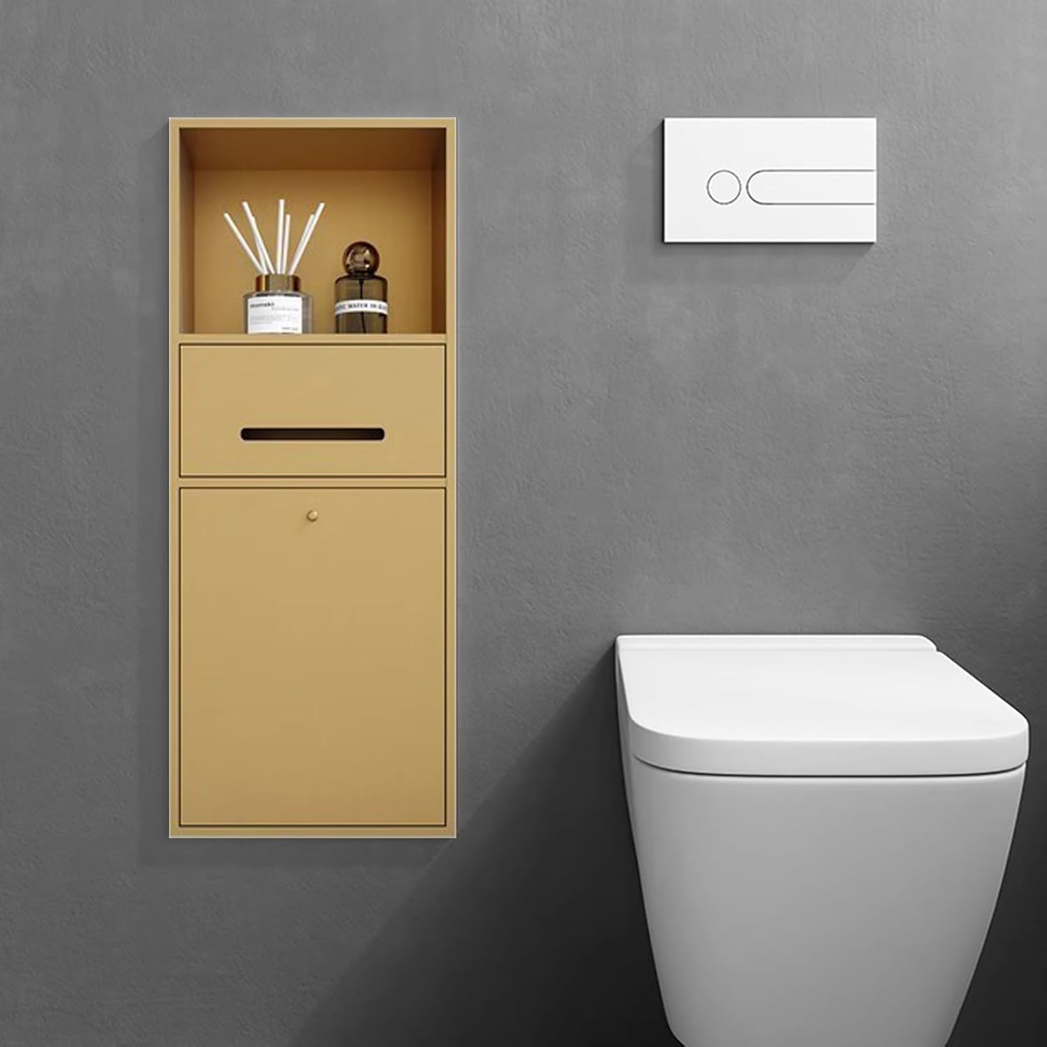 MESCXTY Trash Can Toilet Paper Holder Space Saving,Recessed Wall Niche Storage Shelf,Bathroom Alcoves Cabinet for Tissue/Paper Roll/Phone(Gold)