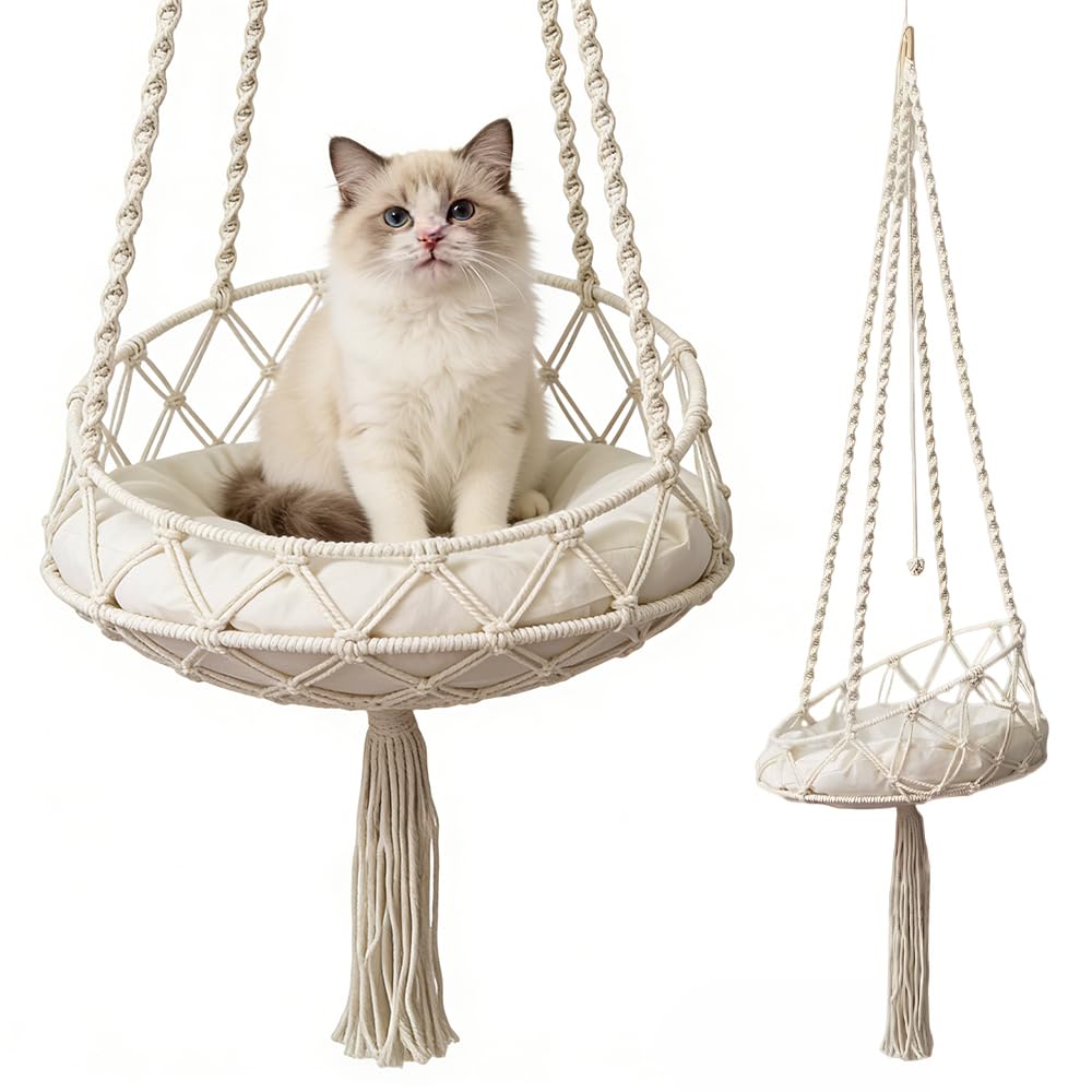 Katzenschaukel, HOVCEH Boho Makramee Katzen Hängematte mit Katzenspielzeug-Stick, 40cm Katzenhängematte Hängen Fenster für Garten, Terrasse, Balkon, Wohnzimmer
