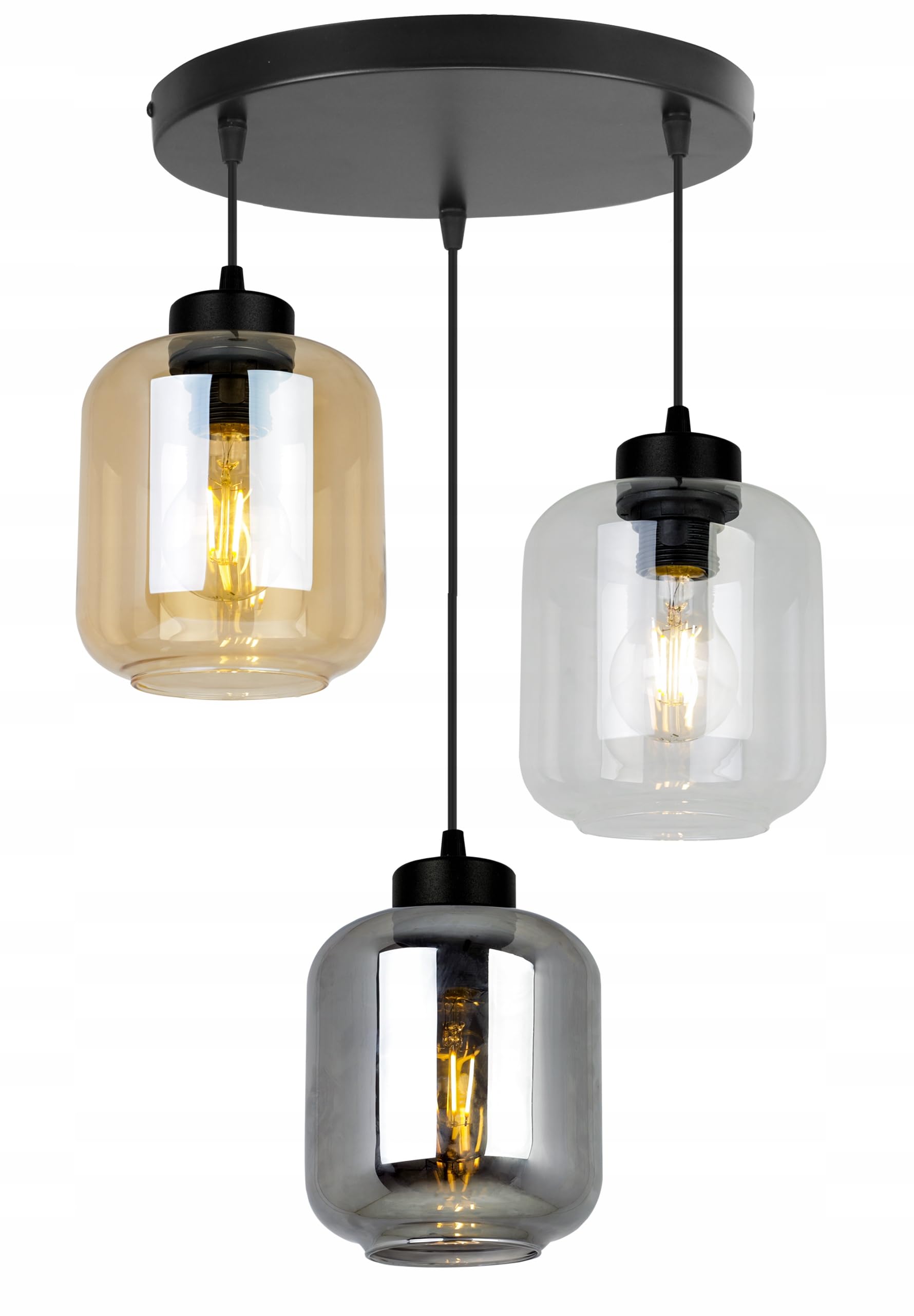 Plafonnier suspendu Novalja Light-Home - Lustre de plafond pour chambre salon et cuisine style industriel loft moderne 3x E27 - Abat-jour en verre mix incolore miel gris - base noire