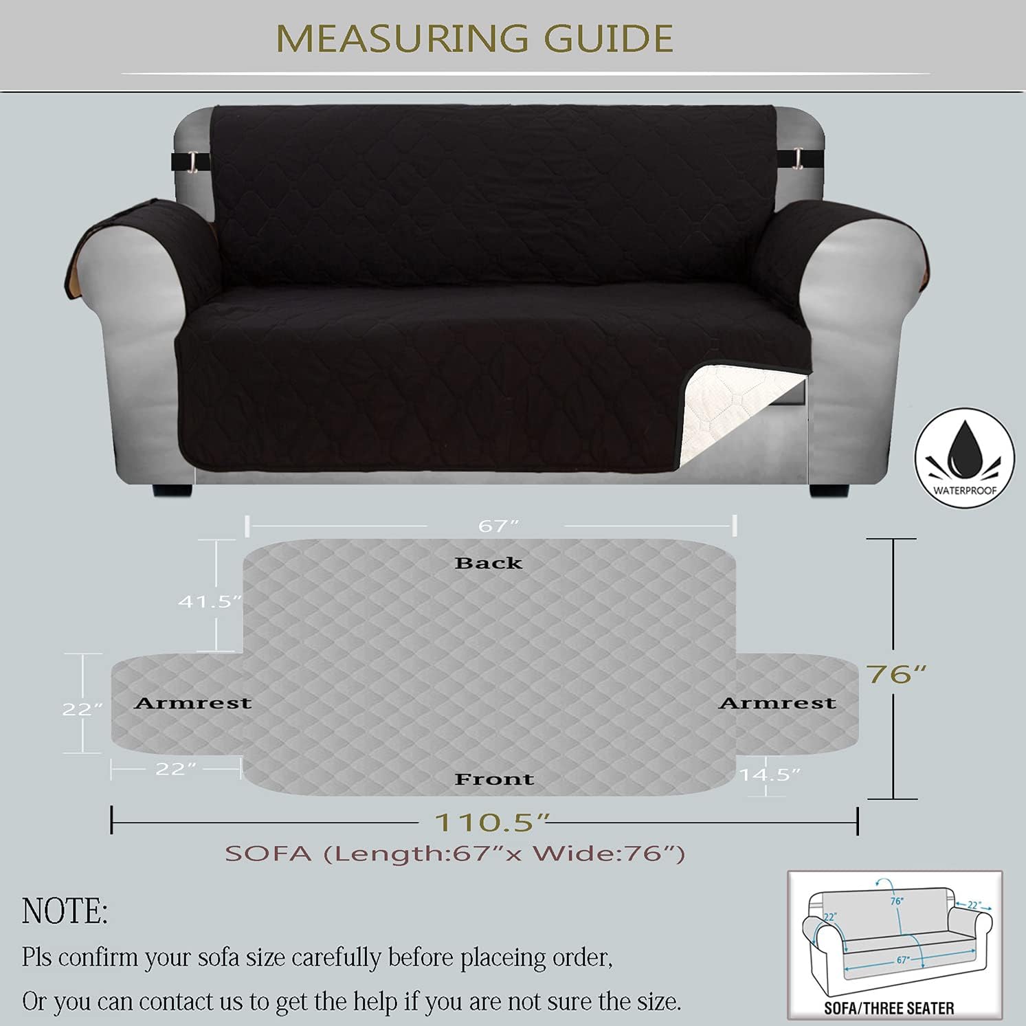 SHILV. HOME Waterproof Quilted Sofa Slipcover, Anti-Slip Silicone Backing Sofa Cover, Easy Fit Couch Cover Washable Furniture Protector with Elastic Straps for Pets Dogs Kids (Black,Sofa) : Home & Kitchen