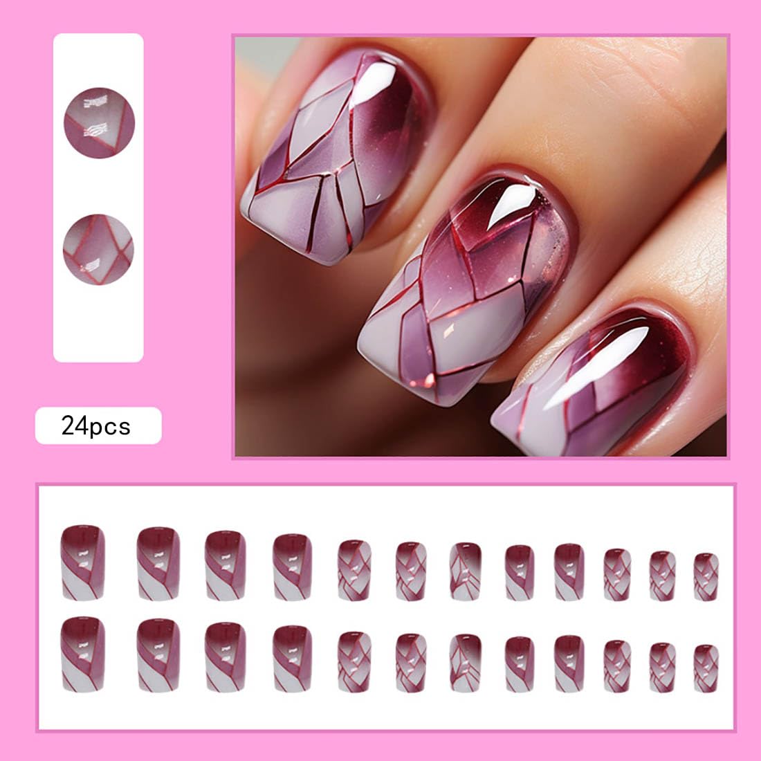 Danshinbow 24pcs Square Mid Length Nails Broken Cracks Line Fake Nails Gold Foil False Nails Water Ripple Nails for Women and Girls (Red) - Image 4