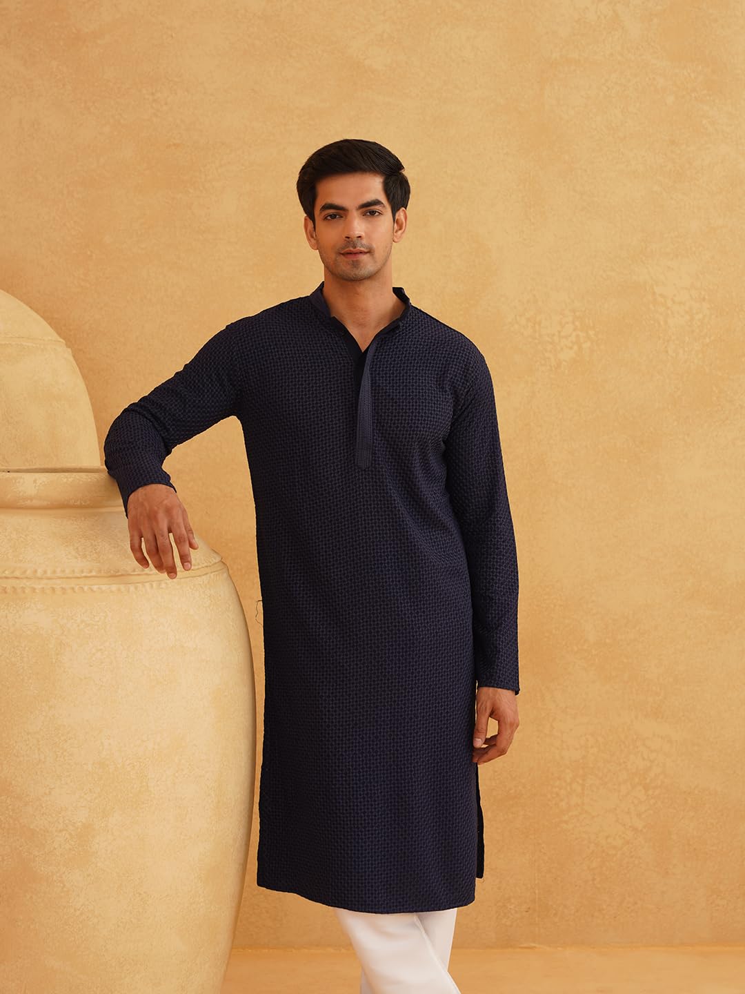 Sojanya (Since 1958 Men's Geometric Embroidered Thread Work Cotton Straight Navy Blue Long Kurta
