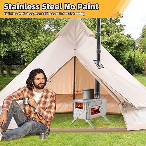 Gravforce Camping Hot Tent Stove, Portable Wood Burning Stove For Outdoor, Stainless Steel Small Camping Stove With Sectional Chimney Pipes & Tent Stove Jack For Heating And Cooking, Backpacking #TOP1