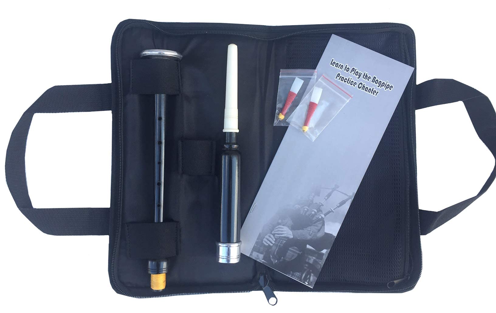 Scottish Highland - Cañas para práctica de gaita de color negro y plateado, incluye bolsa y libro