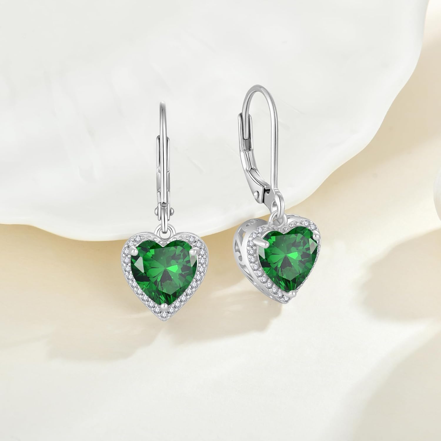 Love Heart Earrings for Women 925 Sterling Silver Simple Halo Solitaire Dangle Drop Leverback Earrings Birthstone Jewelry for Her