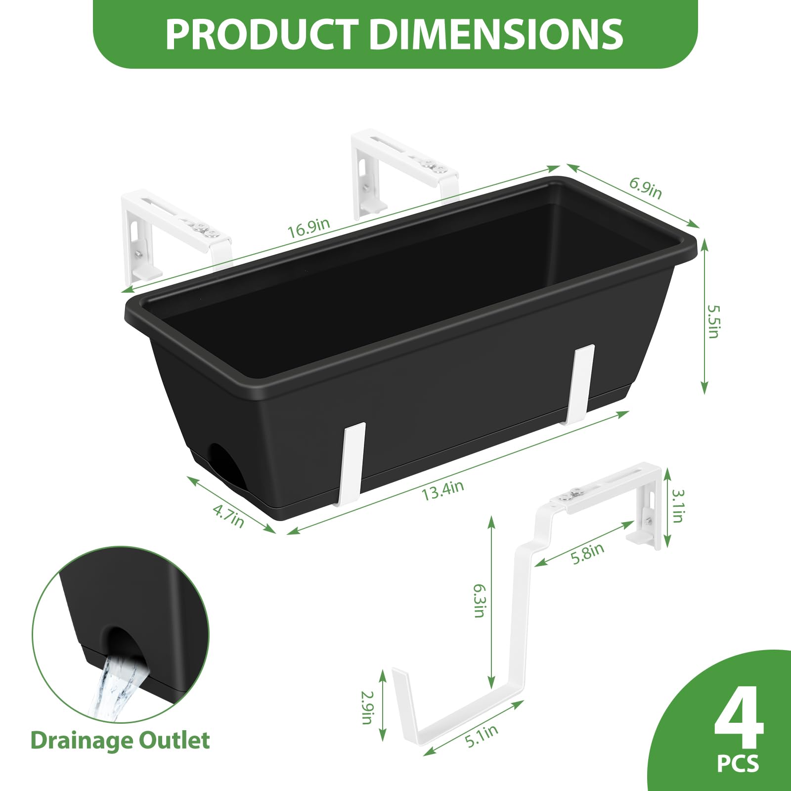 OYEAL Confezione da 4 fioriere per esterni, 43 cm, in plastica, con staffe regolabili, fioriere da appendere alla finestra, fioriere per piante da giardino, recinzione, patio, balcone, nero e bianco
