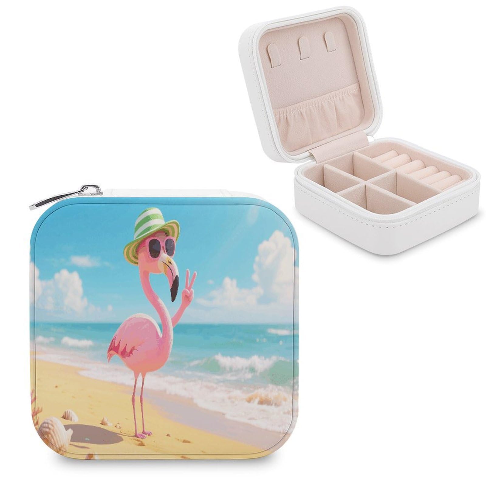 VstaDank Flamingo Jewelry Box for Women Jewelry Organizer Storage Case with Zipper Mini Travel Jewelry Case Cute Trinket Organizer Leather Portable Jewelry Storage Box