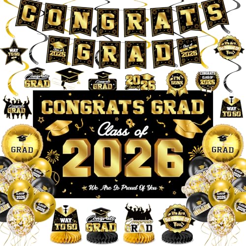 Graduation Decorations 2026-Black and Gold Graduation Party Decorations Supplies Class of 2026 with Graduation Banner Backdrop Balloons Centerpieces Hanging Swirl for Grad Party