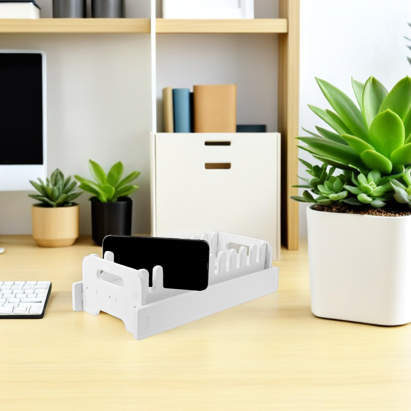 Estación de Carga para Teléfonos Móviles 10 Ranuras con Ventilación, Soporte Multidispositivo de Escritorio Antideslizante y Organizador de Cables para Aula y Oficina