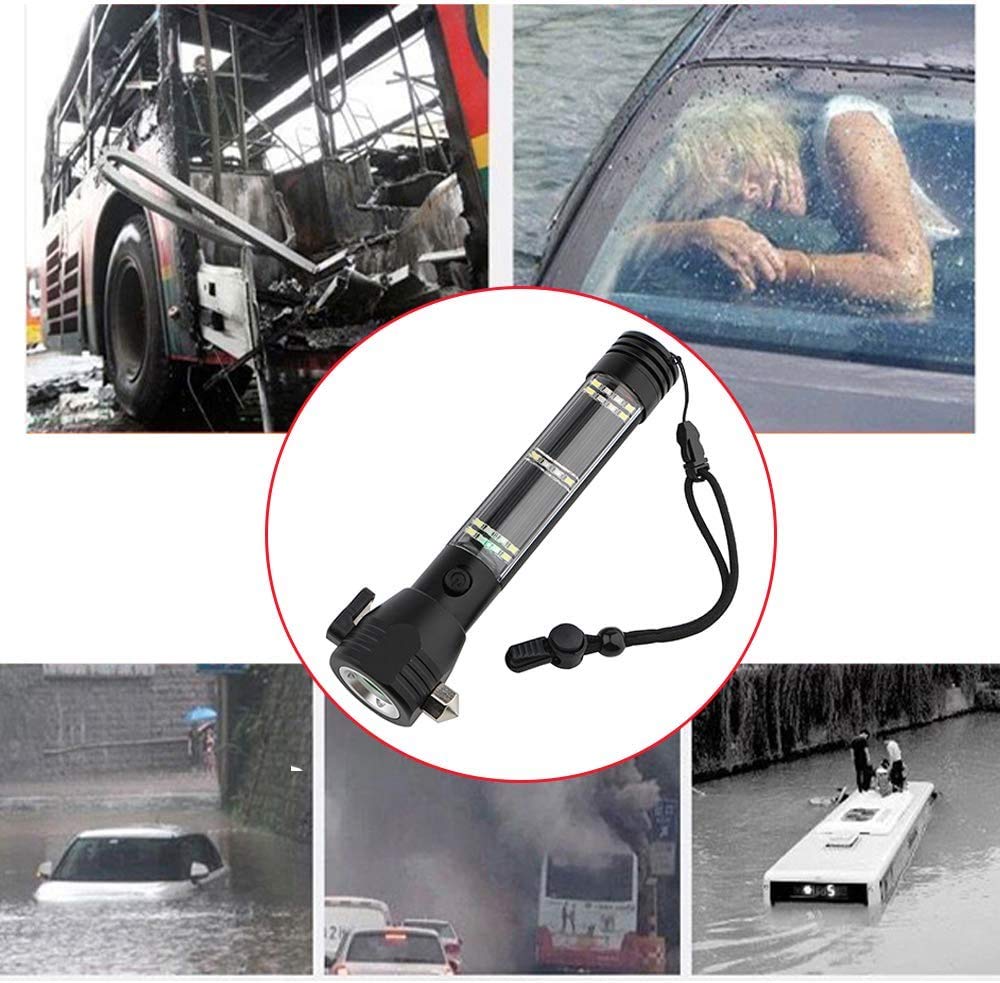 Lampe de Poche Solaire Lampe de Poche de Voiture 268 Lumens LED COB Light USB Rechargeable Tactique Multi-Fonction Torche Outil d'urgence avec Brise-vitre Coupe-Ceinture Boussole (1pcs)