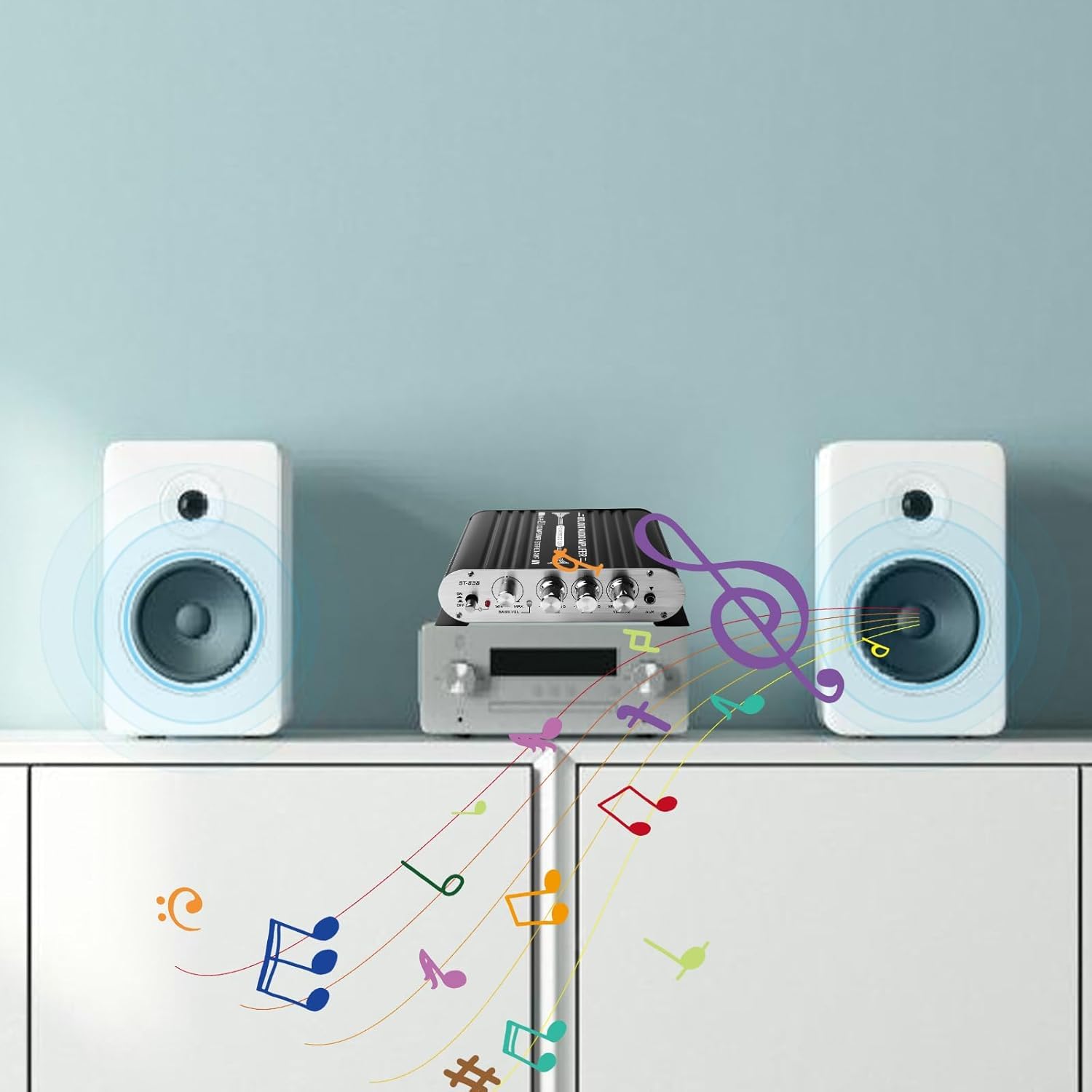 HiFi wzmacniacz audio, RMS 20 W x 2 + 40 W ST-838 mini wzmacniacz HiFi z wyjściem subwoofera, wzmacniacz stereo Class D 2.1CH z kanałem AUX do domu, głośnika samochodowego (w zestawie adapter sieciowy