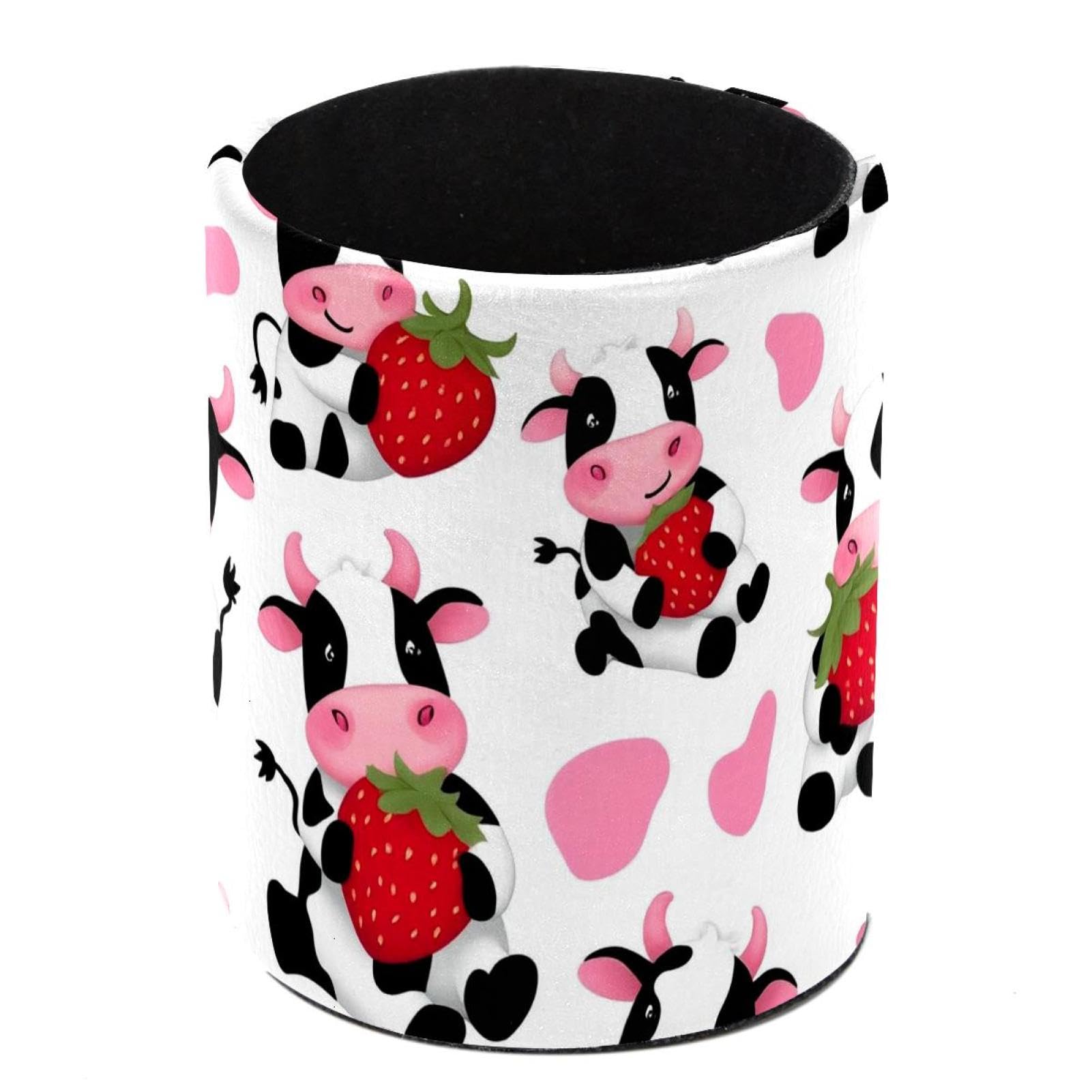 HEOEH Strawberry Cow Pen Holder for Desk, PU Leather Pencil Holder Pen Cup Marker Holder Makeup Brush Holders, Desk Accessories & Workspace Organizers for Home, Office