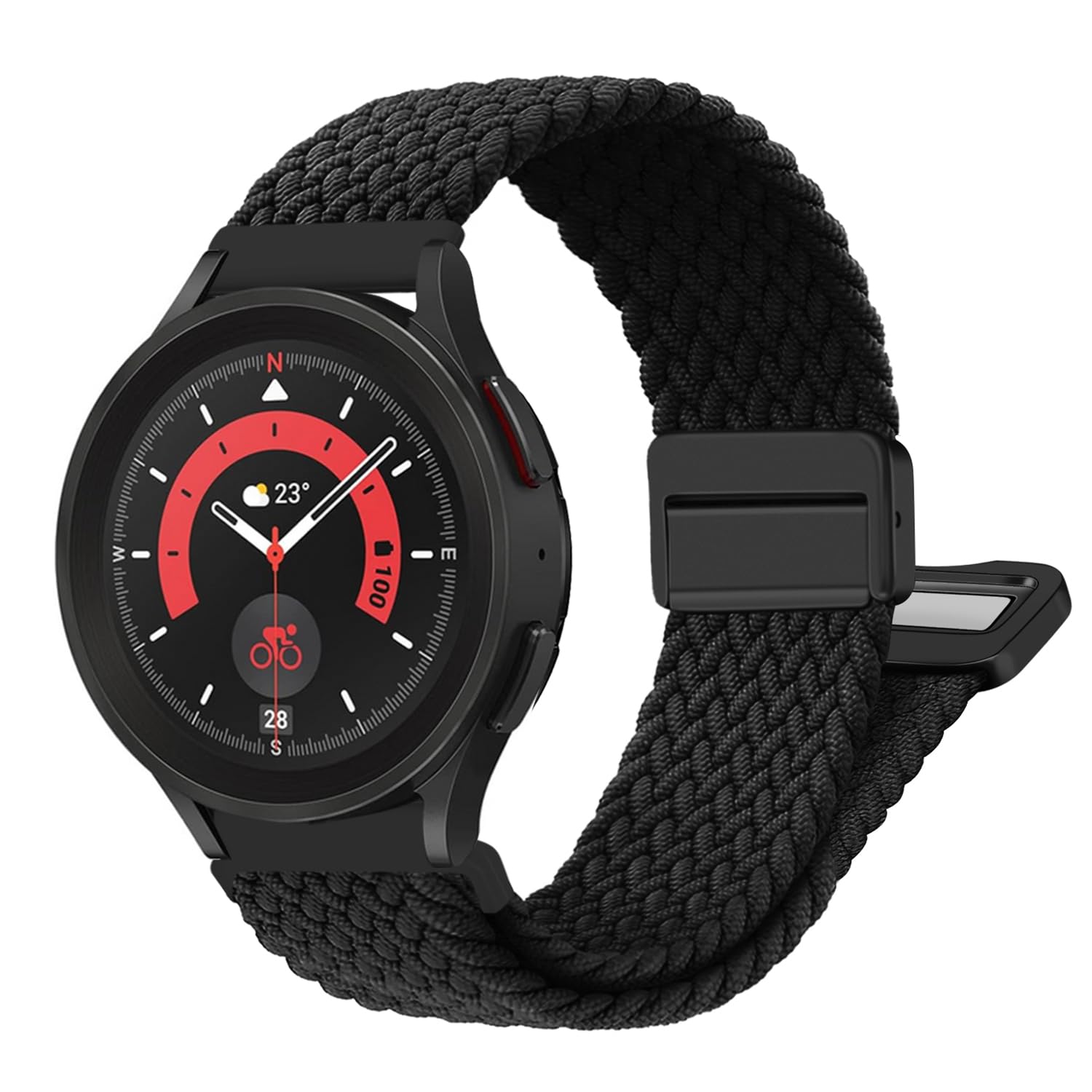 MroTech 20mm Band Compatible with Samsung Galaxy Watch 4 & 5 & 6 Band 44mm 40mm/6 Classic 43mm 47mm/5 Pro 45mm/4 Classic 46mm 42mm/Active Wristband Stretchy Nylon Braided Sport Loop Magnet Band Black